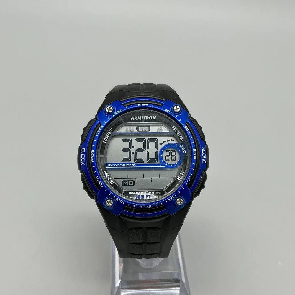 Armitron Pro Sport Mens Watch 45mm Digital Black Blue 165FT WR Day Date Chrono